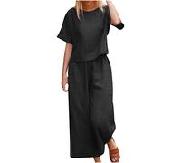 Jogginganzug Damen Hosenanzug Damen Freizeitanzug Leinen Casual 2 teiler Set Leinenhemd Blusen und Hosen Weite High Waist Chic Anzug Outfit Hosenanzüge Loungewear Streetwear Sommer