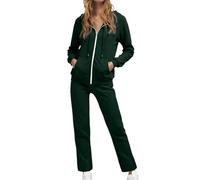 Jogginganzug Damen Lang Freizeitanzug Baumwolle Trainingsanzug Frauen Streifen Sportanzug Fitnessanzug mit Taschen Hausanzug Set 2 Teilig Kapuzenjacke Langarm Zipper Lange Sporthose (Green, L)