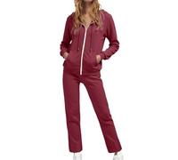 Jogginganzug Damen Lang Freizeitanzug Baumwolle Trainingsanzug Frauen Streifen Sportanzug Fitnessanzug mit Taschen Hausanzug Set 2 Teilig Kapuzenjacke Langarm Zipper Lange Sporthose (Red, M)