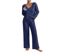 Jogginganzug Damen Lang Gerippt Hausanzug Kuschelig Einfarbig Pyjama Set Elegant Langarm Nachtwäsche Zweiteiler Weich Strickanzug Loungewear Freizeit Trainingsanzug für Herbst Winter Tracksuit