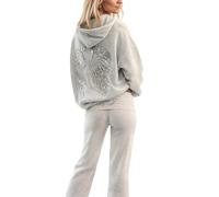 Jogginganzug Damen Set Hausanzug Damen Glitzer Engel Flügel Hoodie und Jogginghose Zweiteiler Einfarbig Elegant Kuscheliger Freizeitanzug Grau Sportanzug Trendiges Streetwear Trainingsanzug Damen
