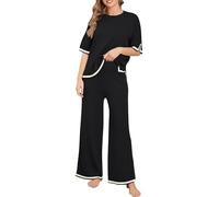 Jogginganzug Damen Zweiteiler Sommer Outfit Elegant Hausanzug Kurzarm Gerippt Strickpullover Mit Lange Hose
