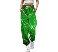 Jogginghose Damen Baggy Weihnachtshose High Waist Weihnachts Hose mit Taschen Weihnachten Schneeflocke Druck Sporthose FreizeithoseWanderhose Trainingshose Casual Yogahose Stoffhose (Green, L)