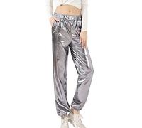 Jogginghose Damen, Jogginghose Damen High Waist Glänzend Wetlook Metallic Cargohose Hip Hop Tanzhose Lackleder Streethose Elastischer Bund Partyhose Nachtclub Disco Clubwear Sweathose