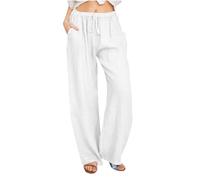Jogginghose Damen Lange Leinenhose Sommer Freizeithose mit Taschen Frauen Gerades Bein Hosen Loose Bequem Yogahose mit Kordelzug Große Größe Sommerhosen Elastischem Bund Strandhose Leicht Stoffhose