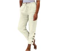 Jogginghose Damen Sommer Modische, Sale Leinenhose Leicht Luftig, Stoffhose Mit Gummizug, Einfarbige Damenhose Aus Baumwolle Und Leinen Mit Lockerem Kordelzug Und Knopf, Lässige Hose Mit Weitem Bein