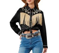 JOHN MOON Damen Fransen Western Button Down Shirts mit Nieten Floral Stickerei Cowgirl Tops Country Style Snap Blusen, Schwarz, Groß