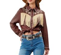 JOHN MOON Damen Fransen Western Button Down Shirts mit Nieten Floral Stickerei Cowgirl Tops Country Style Snap Blusen, Braun, XX-Large