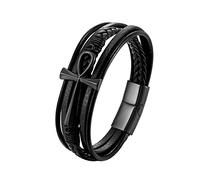 Joielavie Ägyptisches Armband mit Ankh-Kreuz des Lebens, Magnetschnalle, mehrreihig, gewebt, echtes Leder, Edelstahl, Vintage, Schmuck, Schwarz, Silber, Gold, One Size, Edelstahl Leder