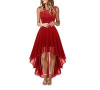 JokeLomple Damen-Spitzenkleid, Schleife, Gürtel, Elegantes, unregelmäßiges Kleid, ärmelloses Chiffonkleid, Brautjungfern-Cocktailpartykleid Rotes Kleid Damen Sexy Abschlusskleider Vorne Kurz Hinten