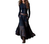 JokeLomple Lässiges Patchwork-Kleid mit Langen Ärmeln, elastischem Bund, lockerer Passform, geradem Bein und langem Maxi-Stil im Boho-Stil