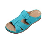 JokeLomple Sommerliche Slip-On-Sandalen mit besticktem, durchbrochenem Design, lässige Strandpantoffeln mit Absatz (Light Blue, 41) #135