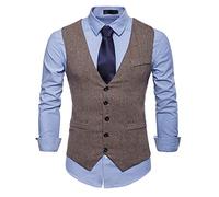 JOLIME Herren Westen Tweed Retro Anzugweste Business Hochzeit Freizeit Ärmellose Smoking Sakko Khaki M