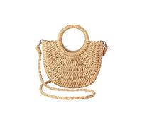 JOLLQUE Stroh Strandtasche für Frauen, Sommer handgewebte Mini Umhängetasche Geldbörse mit Quaste, Top Griff Stroh Handtasche Clutch(Khaki)