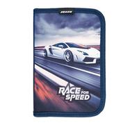 JOLLY 1-Zipp-Federpennal Race for Speed Design, Dunkelblau, 30-teilig befüllt, mit Buntstiften, Fasermalern, Graphitstiften und Zubehör, ideales Schulmäppchen für Jungen