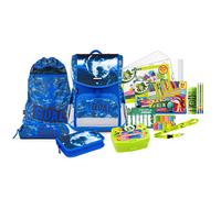 Jolly Schultaschenset - Ergonomic Flexi, 46-Teilig, inkl. Turnbeutel, Schüttelpennal und Federpennal, höhenverstellbarer Rücken mit Push-System, an Kindergröße anpassbar, Blau