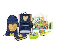 Jolly Schultaschenset - Ergonomic Flexi, 46-Teilig, inkl. Turnbeutel, Schüttelpennal und Federpennal, höhenverstellbarer Rücken mit Push-System, an Kindergröße anpassbar, Blau/Gelb