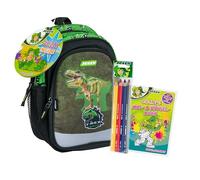JOLLY Unisex Rucksack, Kindergarten, 6-teilig, verstellbarer Brustgurt, Sicherheitsstreifen für Sichtbarkeit, inkl. Buntstifte und Malbuch, geräumiges Hauptfach, T-Rex, Grün