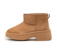 JOMIX Ankle Boots Damen Winter Keilabsatz Stiefeletten Warm Gefüttert mit Kunstfell Plateausohle Rutschfeste Profilsohle Kurzschaft Slip-On Ankle Boots in Wildlederoptik WSB255313 Kamel 38
