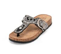 JOMIX Damen Pantoletten Sandalen Sommer Glitzer Clogs Plateau Kork Flip Flops Verstellbare Schnalle Hausschuhe Elegant Strasssteine Bequeme Strand Meer Sommerschuhe (Schwarz, 39EU, WCI250332)