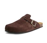 JOMIX Hausclogs Damen Geschlossene Pantolette mit Schnalle Offene Ferse Veloursleder Optik Anatomisches Korkfußbett Leichte Sohle Bequeme Hausschuhe Clogs für Haus Freizeit ESW2532 Brau 38