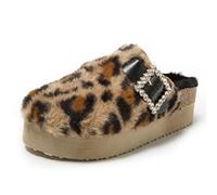 JOMIX Pantoletten Damen Winter Clogs Kunstwildleder Hausschuhe Bequeme Flache Slippers rutschfeste Gartenschuhe mit Verstellbar Schnalle (WCT255087, Leopard Braun, 37 EU)