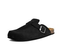 JOMIX Sabots Damen Geschlossene Pantolette Clogs mit Schnalle Offene Ferse Veloursleder Optik Anatomisches Korkfußbett Leichte Sohle Bequeme Hausschuhe für Haus Freizeit ESW2532 Schwarz 39