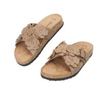 JOMIX Sandalen Damen mit Blüten-Deko Metallschnalle Pantoletten und Bequeme Schlappen Sommer Elegante Sommersandalen für Strand Garten und Freizeit (BROW,41)