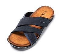 JOMIX Sommer Sandalen Herren Querriemen Pantoletten Herren Weiche Kunstleder Klettverschluss Latschen Rutschfeste Gummisohle Meer Strand Outdoor (Marine, 42 EU)