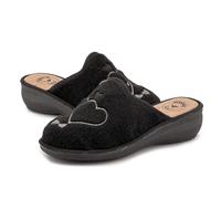 JOMIX Winter Hausschuhe Warm Damen mit Keilabsatz Warme Winter Pantoffeln in Filz Optik Offene Ferse Rutschfeste Sohle Herz Stickerei Made in Italy ITD2412 Schwarz 40