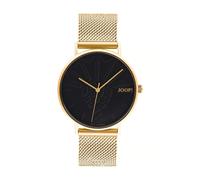JOOP! Uhr - aus goldfarbenem Edelstahl, schwarzes Zifferblatt mit Kornblumenmuster, Milanaisearmband, Schweizer Quarzwerk Ronda, wasserdicht bis 5 bar, Damen