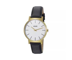 JOOP! Uhr - aus goldfarbenem Edelstahl, weißes Zifferblatt, schwarzes Lederarmband, Quarzwerk, Mineralglas, wasserdicht bis 3 bar, 42 mm, Herren