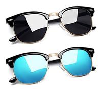 Joopin Halbrahmen Sonnenbrille Herren Blau Verspiegelt Sonnenbrille Polarisiert Set Schwarz und Retro Brille Sunglasses Damen (Blau Verspiegeltund Glänzend Schwarz)