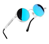 Joopin Runde Steampunk Sonnenbrille Herren Polarisiert Retro Sonnenbrille Damen Verspiegelt UV400 Vintage Hippie Brille Unisex für Cosplay Festival (Silber Blau Verspiegelt)