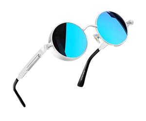 Joopin Runde Steampunk Sonnenbrille Herren Polarisiert Retro Sonnenbrille Damen Verspiegelt UV400 Vintage Hippie Brille Unisex für Cosplay Festival (Silber Blau Verspiegelt)
