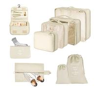JOPHEK Reise Koffer Organizer Set 9-Teilige Packing Cubes, Multifunktionale Wasserdichte Packwürfel Kompression, Kofferorganizer, Kleidertaschen, Schuhbeutel, Kosmetiktasche für Reisen, Beige