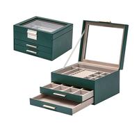 JORDAN&JUDY Schmuckbox mit mehreren Ebenen, kleine Ohrringbox, Ring-Aufbewahrungsbox, Halskettenbox, Schmuckkoffer für Ohrringe - 3 Ebenen Dunkelgrün