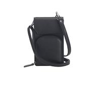 Josephine Osthoff Handy Umhängetasche mit Vortasche für Kopfhörer, handgemacht aus 100% Echtleder, Crossbody Schultergurt, 4 Kartenfächer, Farbe:Schwarz