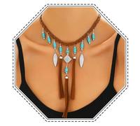 Jovono Damen Boho Türkis Anhänger Halskette Lange Feder Quaste Geschichtete Cowgirl Braun Gewebt Choker Halskette für Frauen, Einheitsgröße, Kunststoff, Kein Edelstein
