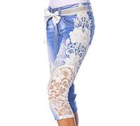 jowiha Jeans Capri Hose Design from Paris Toba&co mit eingenähter Spitze und passendem Gürtel 34-42 (40, Weiß Blau)