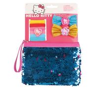 Joy Toy Hello Kitty Set mit 6 Zöpfchenhaltern, 2 Haarspangen mit Glitzermasche und magischem Pailletten-Beautytäschchen auf Backercard 14,5x2x21 cm