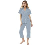 Joyaria Damen Schlafanzug Kurz Pyjamas Set für Frauen mit Knöpfe Zweiteiliger Nachtwäsche Loungewear mit V-Ausschnitt Kurzarm und 3/4 Hose(Nebel Blau,XXL)