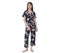 Joyaria Damen Schlafanzug mit Knöpfe Pyjama Set Kurz für Frauen Nachtwäsche Hausanzug Kurzarm Sleepshirt und Caprihose Zweiteiliger(Lily Dunkelblau,L)