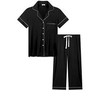 Joyaria Damen Schlafanzug mit Knöpfe Pyjama Set Kurz für Frauen Nachtwäsche Hausanzug Kurzarm Sleepshirt und Caprihose Zweiteiliger(Mitternacht Schwarz,L)
