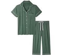 Joyaria Damen Schlafanzug mit Knöpfe Pyjama Set Kurz für Frauen Nachtwäsche Hausanzug Kurzarm Sleepshirt und Caprihose Zweiteiliger(Oliv,L)