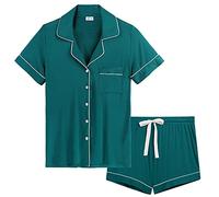 Joyaria Pyjama Damen Kurz Bambus Schlafanzug mit Knopfleiste/Knöpfe Kurzarm Zweiteiliger Nachtwäsche Hausanzug(Grün, Größe S)