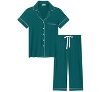 Joyaria Pyjama Damen Set mit Knöpfen Schlafanzug Kurz für Frauen Zweiteiliger Sleepwear Weiche Nachtwäsche mit Caprihose und Kurzarm Sleepshirt(Grün,S)