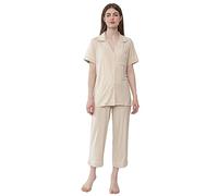 Joyaria Pyjama Damen Set mit Knöpfen Schlafanzug Kurz für Frauen Zweiteiliger Sleepwear Weiche Nachtwäsche mit Caprihose und Kurzarm Sleepshirt(Vanille Creme,S)