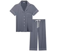 Joyaria Pyjama Set Damen Kurzarm mit Knopfleiste Schlafanzug Kurz für Frauen Zweiteiliger Nachtwäsche Hausanzug Sleepshirt und Caprihose(Dunkelgrau,XL)