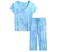 Joyaria Pyjamas Set Damen kurzärmligen Schlafanzug Capri 3/4 Lang Hose Sommer Nachtwäsche(Blaues Batikmuster, XXL)